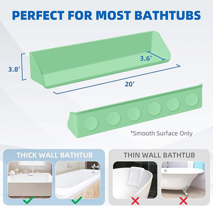Splash Guard for Bathtub, 3.8" x 3.6" Silicone Bath Tub Splash Guard with 6 Suction Cups, Bathtub SplashGuard Play Shelf Area for Kids with 3°Drainage Slope for Faster Drying - Green