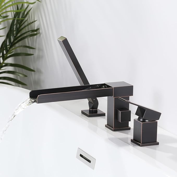 Waterfall Roman Tub Filler Faucet, Deck Mount Bathtub Filler with 360°Swivel Spout, 3 Holes Bathroom Tub Faucet with Sprayer, Oil Rubbed Bronze
