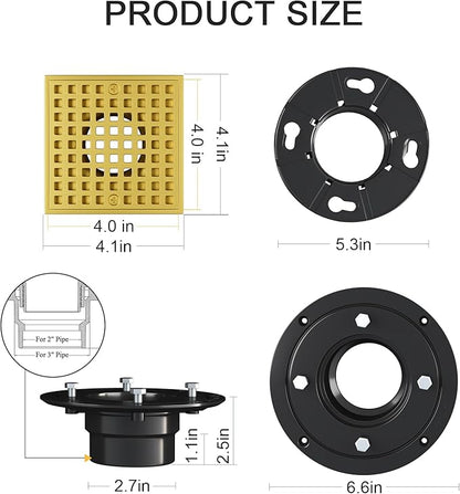 Brushed Gold Shower Drain 4-1/4 Inch - Square Shower Floor Drain Kit with ABS Flange for 2" or 3" Pipe, Drain with Hair Strainer,Removable Strainer Cover,SUS304 Stainless Steel & CUPC Certified
