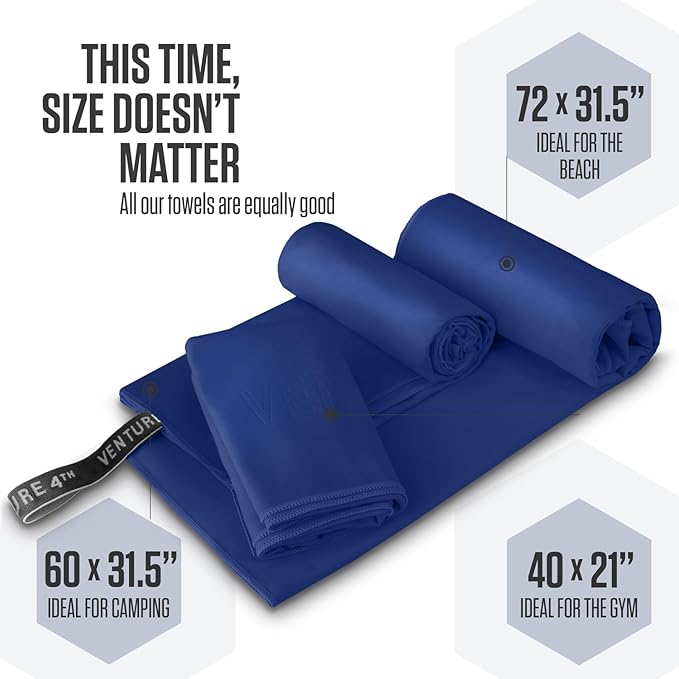 VENTURE 4TH Quick Dry Towel. Microfiber Travel Towel Ideal for Camping, Hiking, Backpacking, Gym. Lightweight & Fast Drying Travel Towels for Body. Compact & Easy to Pack - Navy Blue Large