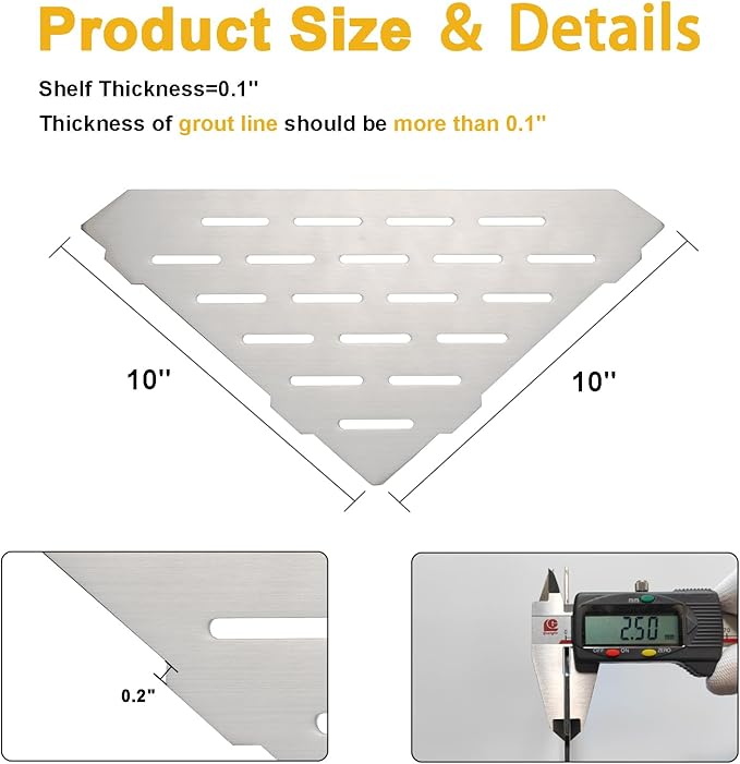 Recessed Corner Shower Shelf, 10" SUS304 Stainless Steel, Heavy Duty Shower Shelf, Grout in Bathroom Shelves for Tile Walls (1 Pack, Rectangle-Brushed)