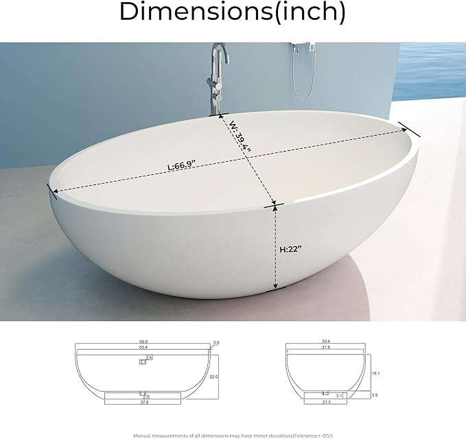 Upgraded 67" Stone Resin Freestanding Bathtub, Oval Solid Surface Extra Wide Tub with Overflow and Pop-up Drain, Matte White