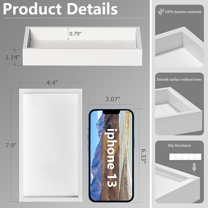 ZHWS Small Bathroom Vanity Tray for Counter, Makeup, Perfume, Decorative Tray for Candle, Jewelry Small Kitchen Tray for Soap Dispenser Sponge Holder White 7.9”L x 4.4”W x 1.14”H