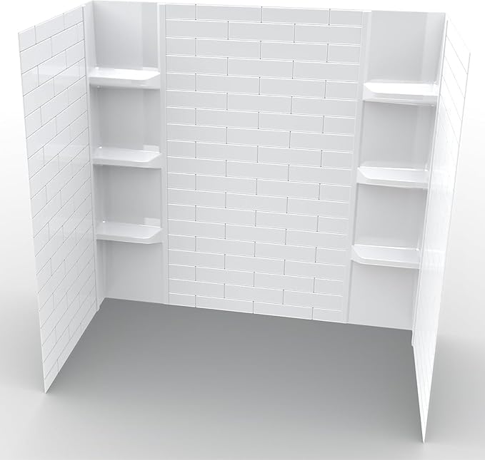 White Polystyrene Tub Wall Surround 32"x 60"x 58" - Waterproof, Easy-to-Install, Two Shelf Units Kit Included - Bathtub Wall Surround Panels - Subway Tiles Pattern, Classic Shelves