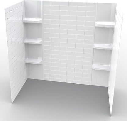 White Polystyrene Tub Wall Surround 32"x 60"x 58" - Waterproof, Easy-to-Install, Two Shelf Units Kit Included - Bathtub Wall Surround Panels - Subway Tiles Pattern, Classic Shelves