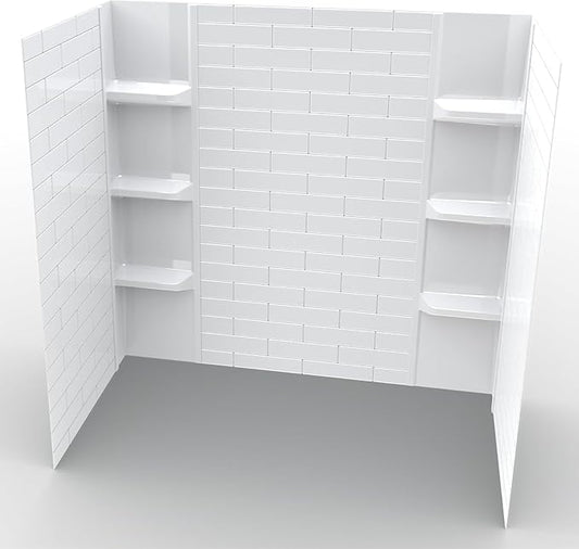 White Polystyrene Tub Wall Surround 32"x 60"x 58" - Waterproof, Easy-to-Install, Two Shelf Units Kit Included - Bathtub Wall Surround Panels - Subway Tiles Pattern, Classic Shelves