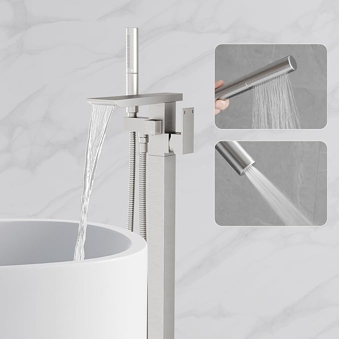 RUMOSE Brushed Nickel Bathtub Filler Freestanding Tub Filler Floor Mount Tub Faucet Waterfall Bathtub Faucet with CUPC Certified High Flow Brass Bath Shower Faucets with Handheld Sprayer
