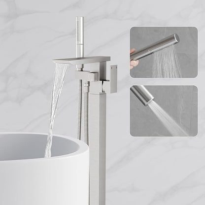 RUMOSE Brushed Nickel Bathtub Filler Freestanding Tub Filler Floor Mount Tub Faucet Waterfall Bathtub Faucet with CUPC Certified High Flow Brass Bath Shower Faucets with Handheld Sprayer