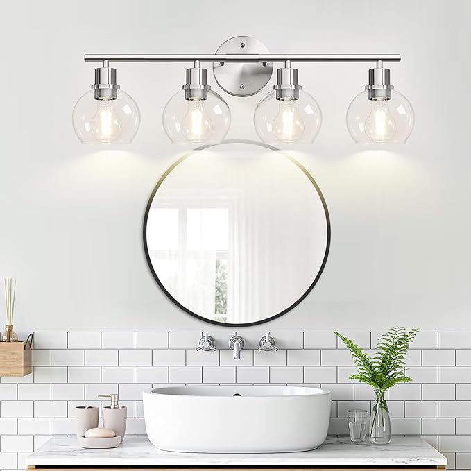 4-Light Bathroom Light Fixtures, Brushed Nickel Modern Vanity Lights Over Mirror with Clear Glass Globe Shade, Bathroom Wall Sconces for Mirror Kitchen Living Room Hallway Cabinet Bedroom Porch