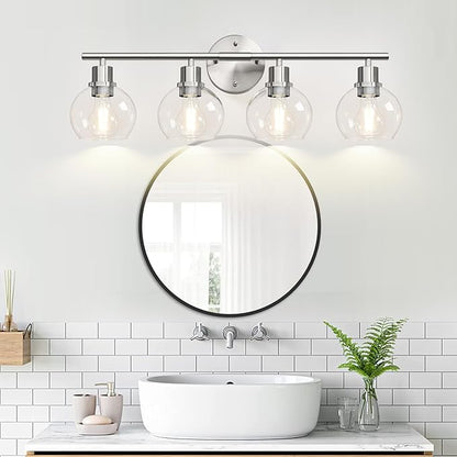 4-Light Bathroom Light Fixtures, Brushed Nickel Modern Vanity Lights Over Mirror with Clear Glass Globe Shade, Bathroom Wall Sconces for Mirror Kitchen Living Room Hallway Cabinet Bedroom Porch
