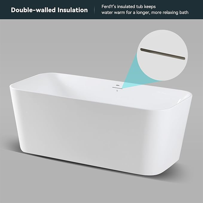 FerdY Maui 67" Acrylic Freestanding Bathtub, Contemporary Elegant Design Soaking Tub, Easy to Instal with Brushed Nickel Drain and Minimalist Linear Design Overflowl, 02563
