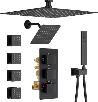 Thermostatic Shower System Matte Black Shower Faucet Set, Four Modes Shower Faucet with 4 PCS Body Jet, Handheld Spray, Ceiling Mount 12 inch Shower Head with 8 inch Wall Mount Shower Head