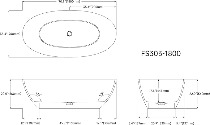Stone Resin Freestanding Bathtub 71", Elegant Oval Shape Soaking Tub, Solid Surface Stand Alone Bathtub with Drain & Integrated Slotted Overflow Transparent Grey AMFS303-1800 Grey