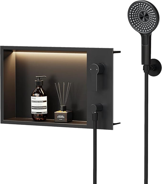 Shower Niche with Round Hand Shower, and LED Light in Matte Black/Horizontal