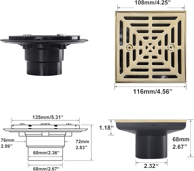 4-1/4 Inch Brushed Gold Shower Drain Square, Base with Adjustable Drain Flange Kit PVC, Removable Grille Strainer Drain Cover with Screws, SUS304 Stainless Steel Brass Face