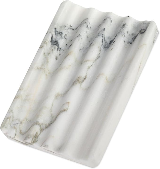 Koville African Natural Marble Soap Dish for Shower, Stone Soap Tray for Bathroom, Bar Soap Holder for Sink, Stripe Grooves Soap Saver Stone Dish Keep Bars Dry Easy Clean (Namib Bianco)