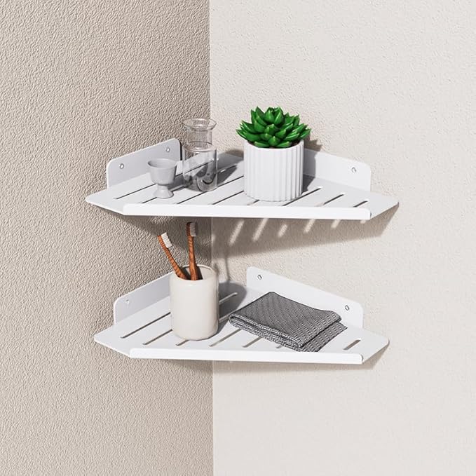 Corner Shelf Kitchen Storage, Bathroom Shelves Shower Caddy Hanging, Matte Floating Shelves for Wall, Recessed Stainless Steel Rack for Tiled Wall, White 10x8 inch(25x20cm)