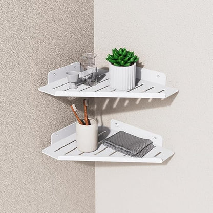 Corner Shelf Kitchen Storage, Bathroom Shelves Shower Caddy Hanging, Matte Floating Shelves for Wall, Recessed Stainless Steel Rack for Tiled Wall, White 10x8 inch(25x20cm)