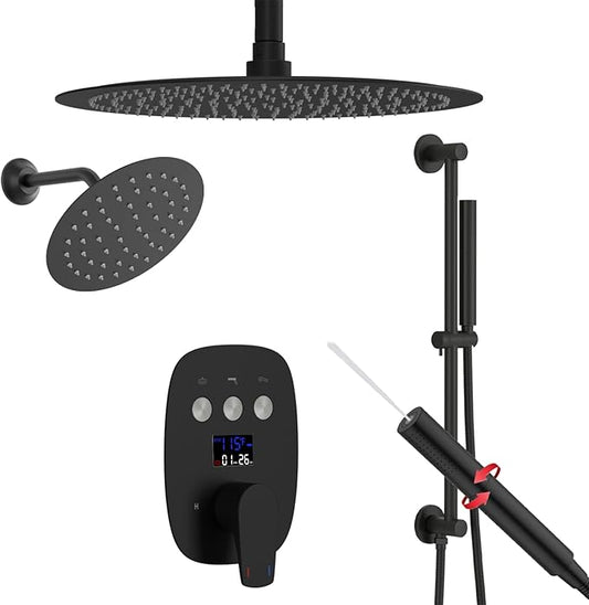 Shower Faucet Set Matte Black Shower System Temperature Display Diverter Shower Valve and 2 in 1 Handheld with Slide Bar, 12 Inch Ceiling Shower Head with 8 Inch Wall Mount Shower Head