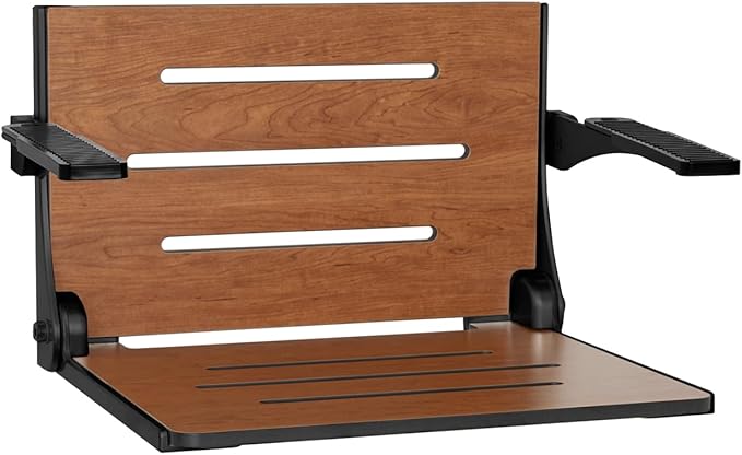 Seachrome Silhouette Comfort Folding Wall Mount Shower Bench Seat with Arms, Rustic Teak Seat with Matte Black Frame