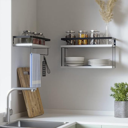 RICHER HOUSE 2+1 Tier Wall Mounted Floating Shelves Set of 2, Rustic Wood Wall Shelf with Metal Frame, Extra Storage Rack for Bathroom, Kitchen, Bedroom with Tissue Rack & Towel Bar - White