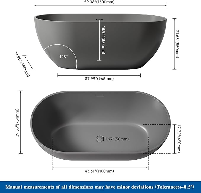 59" Premium Solid Surface Free Standing Bathtub, Oval Stone Resin Tub with Overflow and Pop-up Drain, Matte Dark Grey