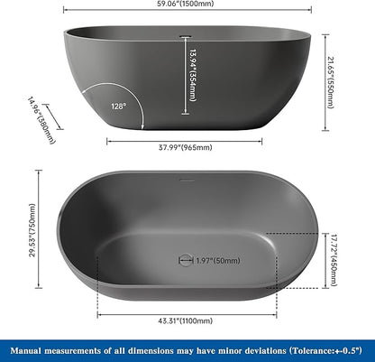 59" Premium Solid Surface Free Standing Bathtub, Oval Stone Resin Tub with Overflow and Pop-up Drain, Matte Dark Grey