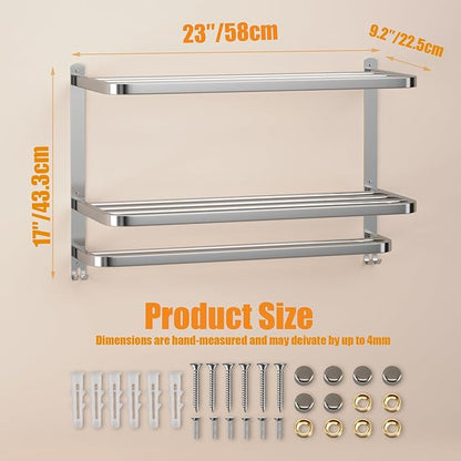 Generic NICETAKU 23inch 3-Tier Towel Racks for Bathroom with Shelf, Multilayer Hotel Towel Holder with Hooks, Stainless Steel Wall-Mounted Brushed Finish Towel Bars, Silver