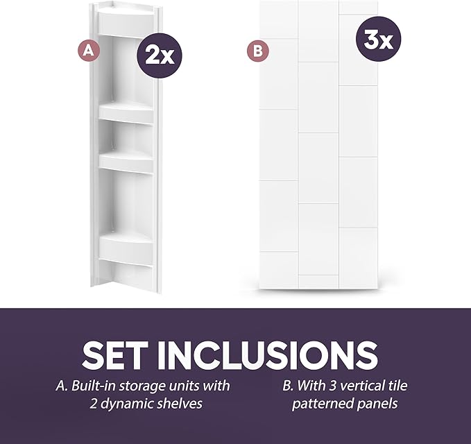 White Acrylic Tub Wall Surround 32"x 60"x 58" - Waterproof, Easy-to-Install, Two Shelf Units Kit Included - Bathtub Wall Surround Panels - Vertical Pattern, Dynamic Shelves