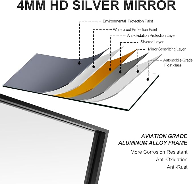 36x36 Inch Black Bathroom Mirror, Copper-Free Mirror, Aluminum Alloy Frame Vanity Mirror, Rectangle Wall Mounted Mirror, Modern Mirror for Bedroom/Living Room/Porch Horizontal or Vertical
