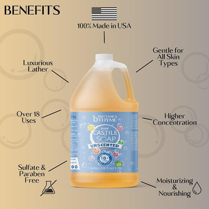 Brittanie's Pure Organic Castile Liquid Olive Oil Soap Refill, 1 Gallon Unscented | Face, Body Wash, All Purpose Cleaner, Dishes, Pets, Laundry | Vegan, Biodegradable, Made in USA
