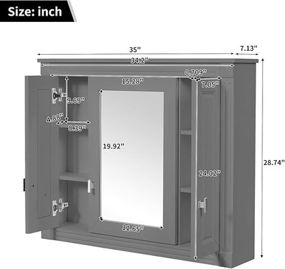 Merax Wall Mounted Bathroom Medicine Cabinet with Mirror, Bathroom Wall Cabinet with Doors and Shelves, 34" x 29" Mirrored Door Over Toilet Storage Cabinet, Black