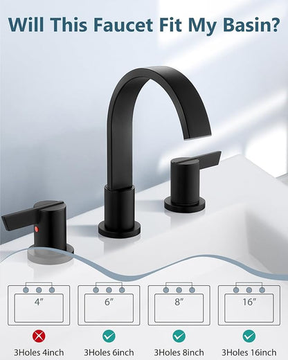 Aolemi Bathroom Faucets 3 Hole,8 Inch Widespread Waterfall Bathroom Sink Faucet,2 Handles Vanity Faucet with Pop-up Drain and Supply Hose,Matte Black