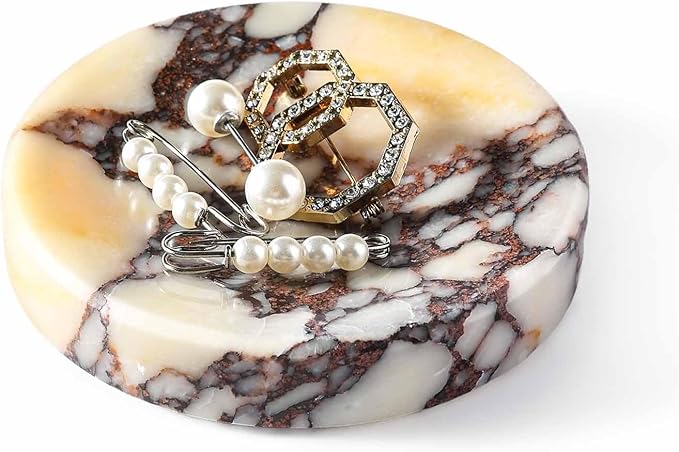 Koville Luxury Italy Calacatta Viola Marble Jewelry Dish, Small Round Trinket Dish for Ring Necklace Earring, 4" Stone Decorative Dish, Aesthetic Home Table Marble Decor