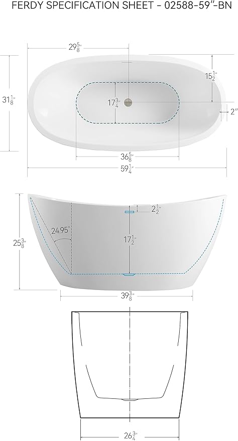 FerdY Naha 59" Acrylic Freestanding Bathtub, Curve Edge Freestanding Soaking Bathtub, Glossy White, cUPC Certified, Brushed Nickel Drain & Minimalist Linear Design Overflow Included, 02588