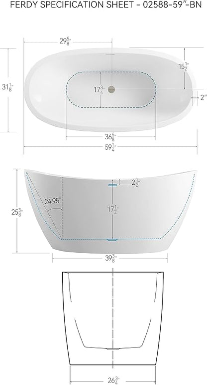 FerdY Naha 59" Acrylic Freestanding Bathtub, Curve Edge Freestanding Soaking Bathtub, Glossy White, cUPC Certified, Brushed Nickel Drain & Minimalist Linear Design Overflow Included, 02588