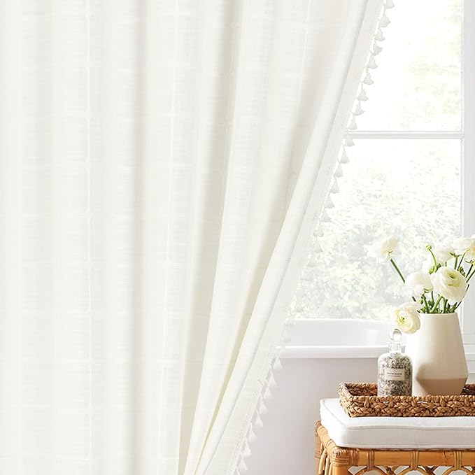 MitoVilla Cream White Small Stall Shower Curtain 36 x 72, Narrow Polyester Linen Fabric Shower Curtains for Farmhouse Bathroom Decor, Brown Half Size Cloth Shower Curtain Set with Hooks, Ivory