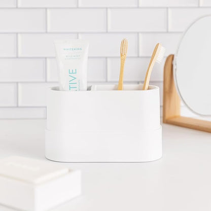 Matte White Large Toothbrush and Toothpaste Holder and Cup for Bathroom Vanity and Countertop, Round Organizer for Electric Toothbrushes, Floss, Razors, Cotton, and Mouthwash