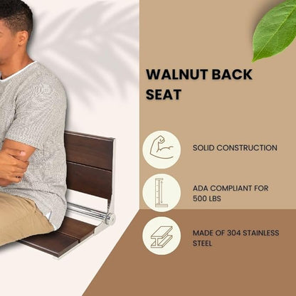 Folding Shower Seat Wall Mounted with Back | 500 lbs Maximum Load Capacity | ADA Compliant Safety Assist Teak Shower Seat for Seniors, Handicapped, and Children | 304 Stainless Steel Frame | 18” x 16”