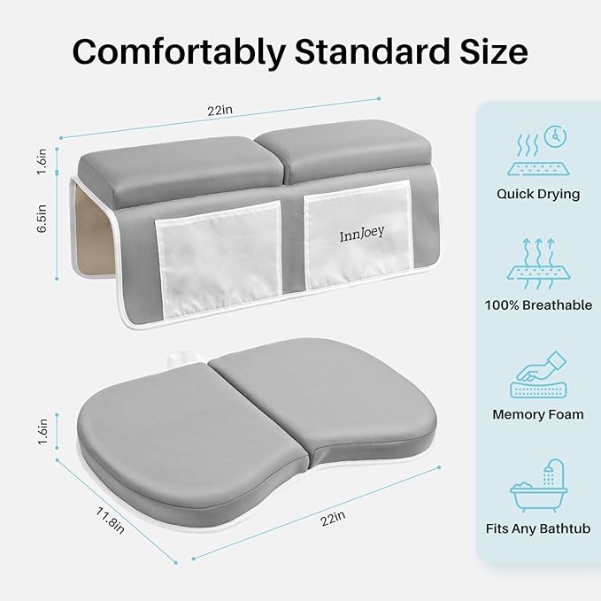 Bath Kneeler and Elbow Rest Pad Set, 1.6'' Extra Thick Bath Support for Knees and Elbows, Memory Foam Bath Mat with Toy Organizer Pockets, Quick-Dry Kneeling Pad for Bathing Baby Grey
