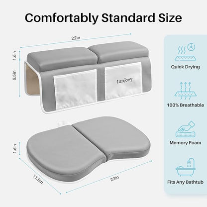 Bath Kneeler and Elbow Rest Pad Set, 1.6'' Extra Thick Bath Support for Knees and Elbows, Memory Foam Bath Mat with Toy Organizer Pockets, Quick-Dry Kneeling Pad for Bathing Baby Grey
