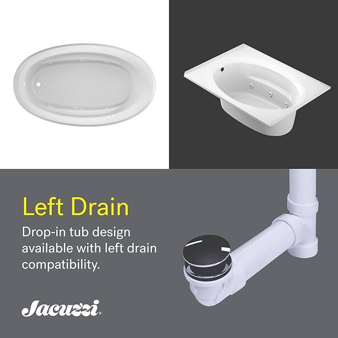 Jacuzzi SIGNATURE Acrylic Drop-In Bathtub, Heated Jet Massage Tub, Slip Resistant, Left Drain Placement, 59" (L) x 41" (W), Oval, White