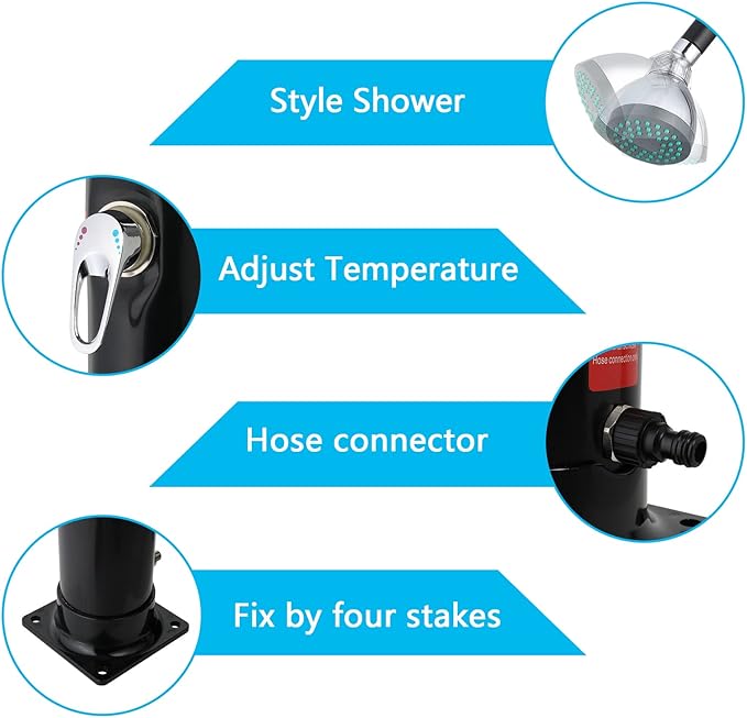 VINGLI Solar Heated Shower,2-Section with Shower Head，for Outdoor Backyard Poolside Beach Pool Spa,Black (2.3 Gallon)