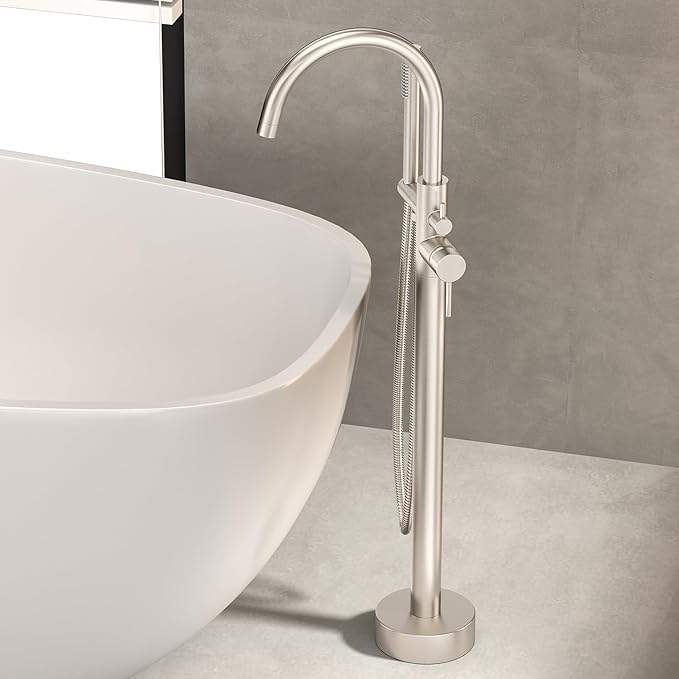 Freestanding Bathtub Faucet Waterfall Tub Filler Brushed Nickel Floor Mount Brass Single Handle Bathroom Faucets with Hand Shower (Electroplating color, The bottom of the water)