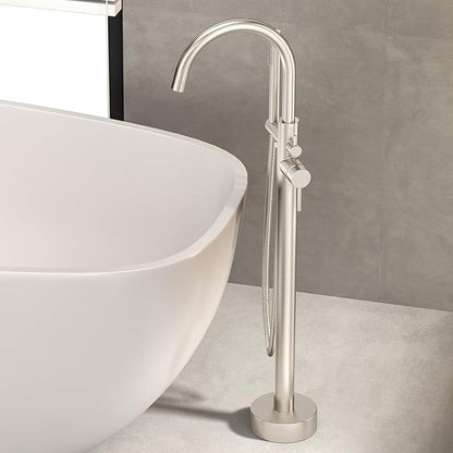 Freestanding Bathtub Faucet Waterfall Tub Filler Brushed Nickel Floor Mount Brass Single Handle Bathroom Faucets with Hand Shower (Electroplating color, Water in the side)