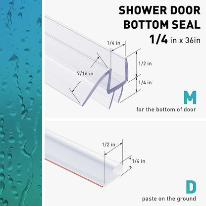 Shower Door Bottom Seal, 2 PCS 1/4" x 36" Shower Door Sweep for 1/4 Inch Glass, Frameless Glass Shower Door Seal Strip, Stop Shower Leaks and Create a Water Barrier