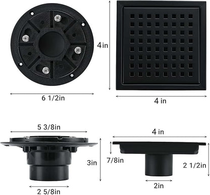 4 Inch Square Shower Floor Drain, Stainless Steel Black Shower Drain Kit with Flange, Floor Drain with Removable Grid Cover,Matte Black