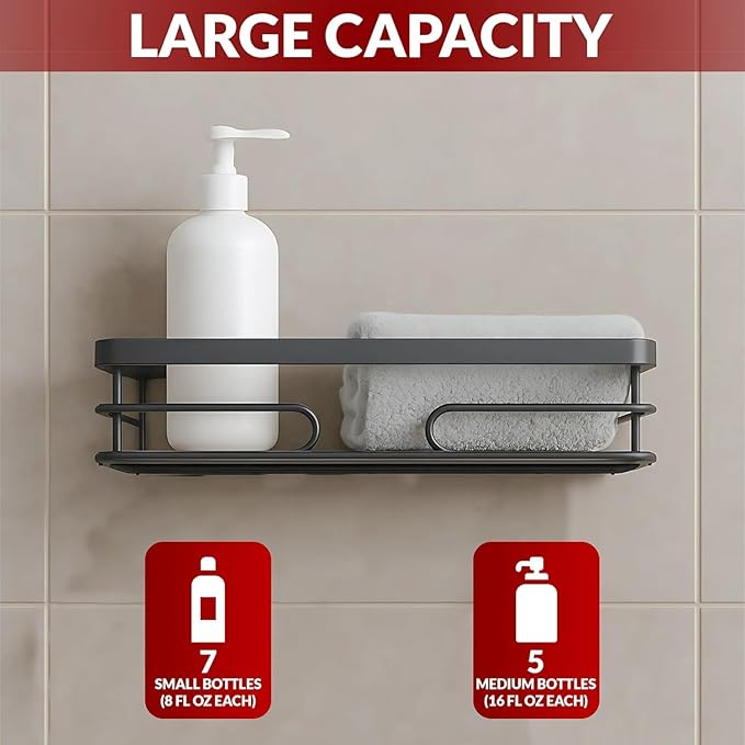 2-Pack Corner Shower Caddy – Rust-Resistant Wall-Mounted Bathroom Organizer with Included No-Drill Adhesives for Shampoo, Soap & Toiletries - Black (1-Layer, Rectangle)