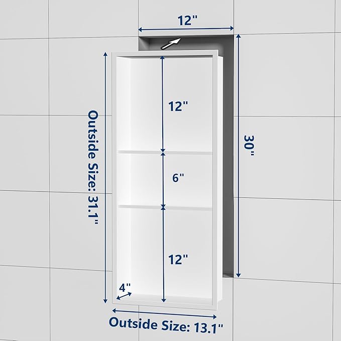 Neodrain 12X30 in Shower Niche, 3 Layers White Wall Niche Tile Ready NO Tile Needed Stainless Steel Recessed Niches for Shower Wall Bathroom Storage