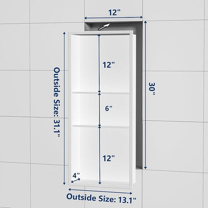 Neodrain 12X30 in Shower Niche, 3 Layers White Wall Niche Tile Ready NO Tile Needed Stainless Steel Recessed Niches for Shower Wall Bathroom Storage